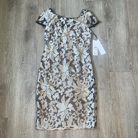 New Calvin Klein Silver Sheath Puff Sleeve Mini Dress embroidered mesh size 2 - Picture 2 of 10